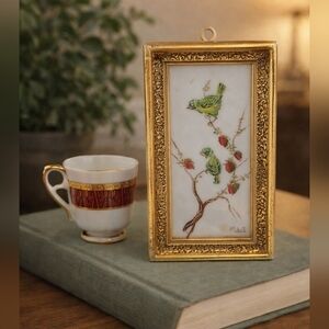 vtg japanese hand painted porcelain bird tile wall art signed m.j.y gold frame